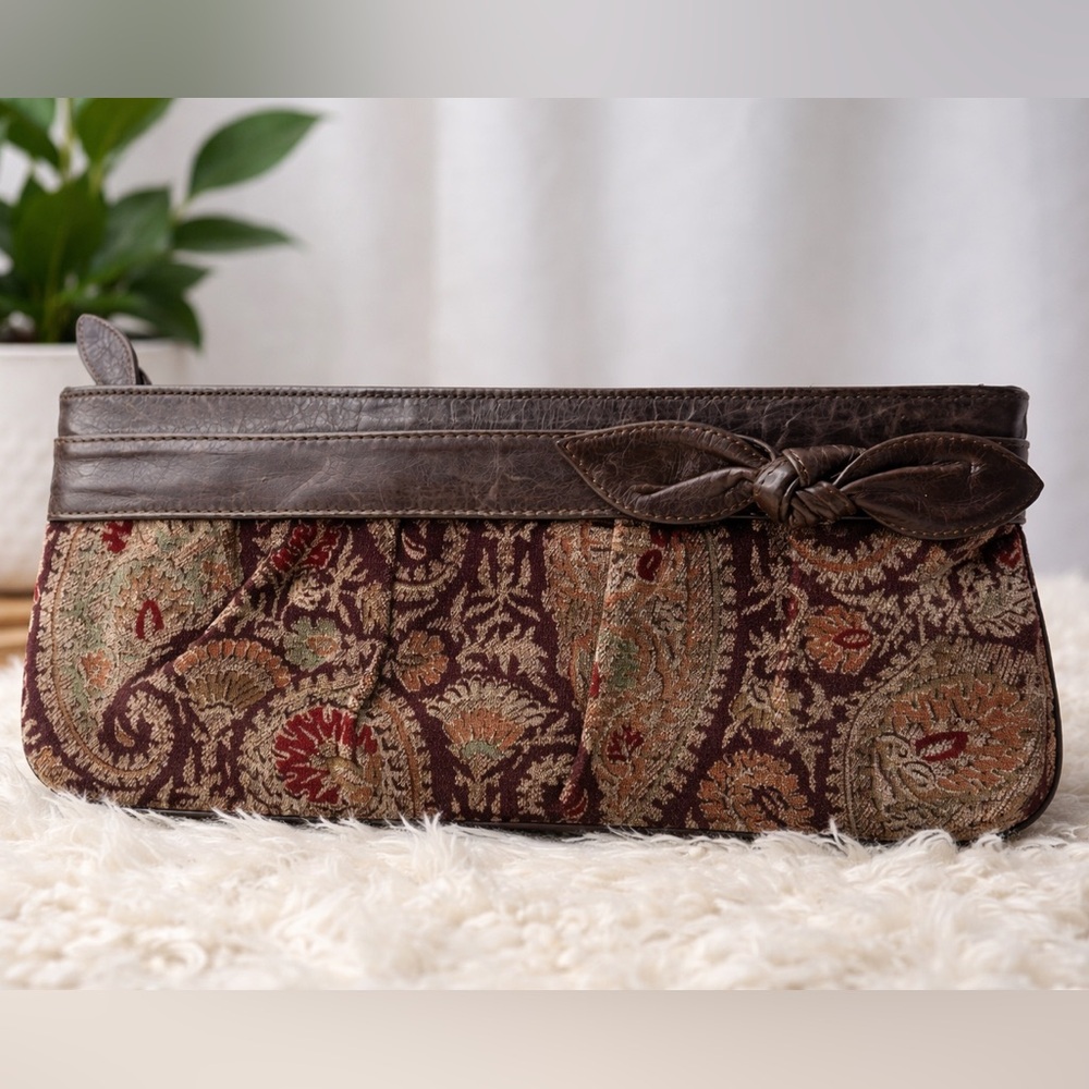 Kooba Brown Tapestry Clutch Bag Paisley Boho Leather Trim Envelope Purse